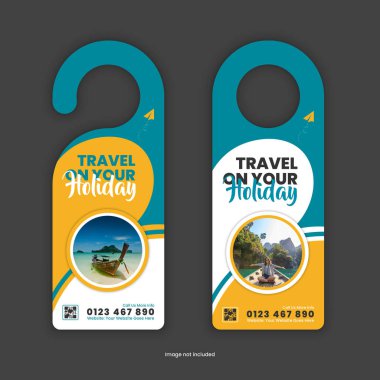 Kapı askısı tasarım şablonu bir tatil turizmi ve seyahat acentesinin hizmetlerini tanıtıyor ve