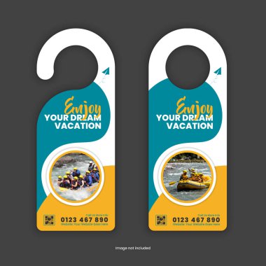 Kapı askısı tasarım şablonu bir tatil turizmi ve seyahat acentesinin hizmetlerini tanıtıyor ve