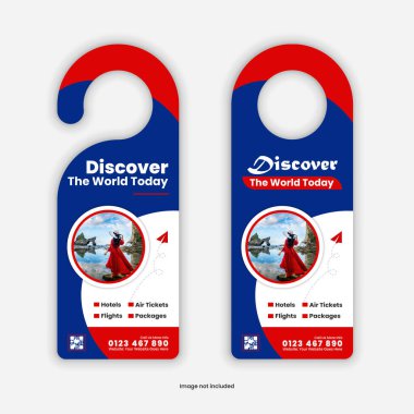 Kapı askısı tasarım şablonu bir tatil turizmi ve seyahat acentesinin hizmetlerini tanıtıyor ve