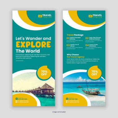 Modern Seyahat İşletmeleri tanıtım broşürü veya Rack Kart Tasarım Şablonu Tatil Paketleri, Tatil Anlaşmaları, Macera Seyahatleri, Turizm Hizmetleri ve Seyahat Acenteleri