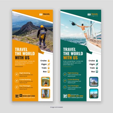 Modern Seyahat ve Turizm DL Flyer ve Rack Kart Tasarım Şablonu, seyahat şirketlerini tanıtmak ve profesyonel, göz alıcı tasarımlarla sergi hizmetleri sunmak için mükemmel.