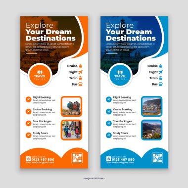 Modern Seyahat ve Turizm DL Flyer ve Rack Kart Tasarım Şablonu, seyahat şirketlerini tanıtmak ve profesyonel, göz alıcı tasarımlarla sergi hizmetleri sunmak için mükemmel.