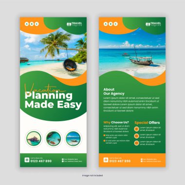 Modern Seyahat ve Turizm DL Flyer ve Rack Kart Tasarım Şablonu, seyahat şirketlerini tanıtmak ve profesyonel, göz alıcı tasarımlarla sergi hizmetleri sunmak için mükemmel.