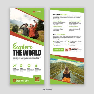 Göz alıcı çift taraflı seyahat acentası Rack Kart ve DL Flyer Şablonu. Seyahat hizmetlerinizi ve tur paketlerinizi modern, profesyonel bir tasarım ile sergilemek için mükemmel.