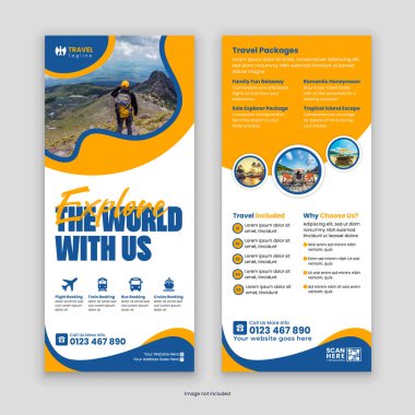 Göz alıcı çift taraflı seyahat acentası Rack Kart ve DL Flyer Şablonu. Seyahat hizmetlerinizi ve tur paketlerinizi modern, profesyonel bir tasarım ile sergilemek için mükemmel.