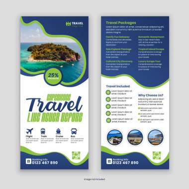 Göz alıcı çift taraflı seyahat acentası Rack Kart ve DL Flyer Şablonu. Seyahat hizmetlerinizi ve tur paketlerinizi modern, profesyonel bir tasarım ile sergilemek için mükemmel.