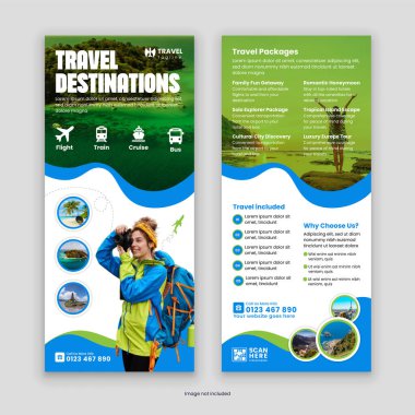 Göz alıcı çift taraflı seyahat acentası Rack Kart ve DL Flyer Şablonu. Seyahat hizmetlerinizi ve tur paketlerinizi modern, profesyonel bir tasarım ile sergilemek için mükemmel.
