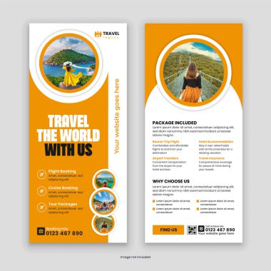 Göz alıcı çift taraflı seyahat acentası Rack Kart ve DL Flyer Şablonu. Seyahat hizmetlerinizi ve tur paketlerinizi modern, profesyonel bir tasarım ile sergilemek için mükemmel.