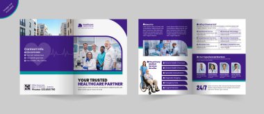 Tıbbi sağlık hizmeti çift katlı broşür tasarımı veya hastane kliniği tanıtım broşürü, kapaklı, arka ve iç sayfa vektör düzeniyle çok amaçlı şablon