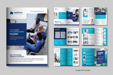 12 sayfalık sağlık hizmeti broşürü, hastane veya klinik promosyonları için mükemmel. Profesyonel ve çok amaçlı tasarım, tıbbi hizmetlerin teşhir edilmesi ve marka kimliğinin geliştirilmesi için ideal