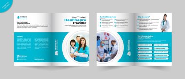 Sağlık hizmetleri çift katlı broşür tasarımı veya hastane kliniği tanıtım broşürü, kapağı, arkası ve iç sayfaları olan çok amaçlı şablon