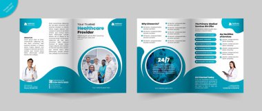 Sağlık hizmetleri çift katlı broşür tasarımı veya hastane kliniği tanıtım broşürü, kapağı, arkası ve iç sayfaları olan çok amaçlı şablon