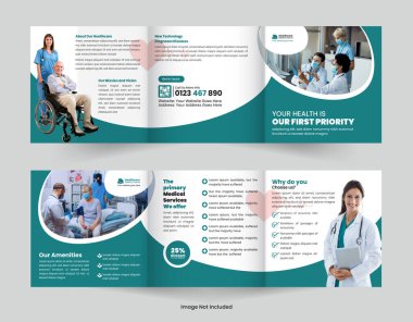 Hastaneler, klinikler ya da sağlık hizmetleri için üç katlı broşür tasarımı. Tedavi, kontrol ve tıbbi bakım promosyonu için modern düzen