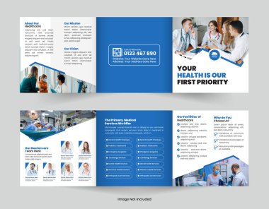 Hastaneler, klinikler ya da sağlık hizmetleri için üç katlı broşür tasarımı. Tedavi, kontrol ve tıbbi bakım promosyonu için modern düzen