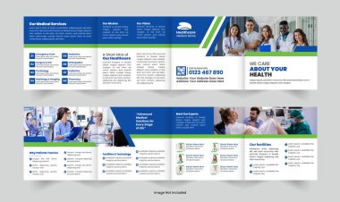 Modern, temiz tıbbi ve sağlık hizmetleri için dört katlı broşür tasarımı, klinikler, hastaneler ve sağlık hizmetleri promosyonu için mükemmel. Tamamen düzenlenebilir ve yazdırılabilir.