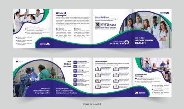 Profesyonel Sağlık ve Tıp Meydanı Dört Katlı Broşür Tasarım Şablonu, klinikler, hastaneler ve sağlık hizmetleri promosyonları için mükemmel. Tamamen düzenlenebilir ve yazdırılabilir