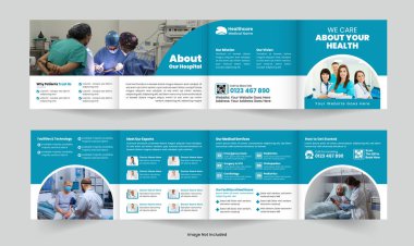 Profesyonel Sağlık ve Tıp Meydanı Dört Katlı Broşür Tasarım Şablonu, klinikler, hastaneler ve sağlık hizmetleri promosyonları için mükemmel. Tamamen düzenlenebilir ve yazdırılabilir