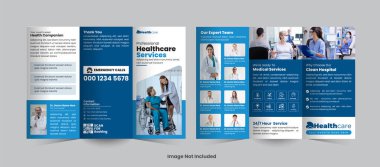 Hastane ve klinik üç katlı broşür tasarımı temiz, profesyonel ve hastalara ve kamu hizmetlerine sunulan tıbbi hizmetleri, tedavileri veya sağlık hizmetlerini desteklemek için ideal