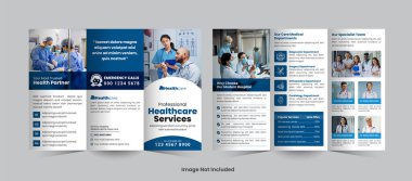 Hastane ve klinik üç katlı broşür tasarımı temiz, profesyonel ve hastalara ve kamu hizmetlerine sunulan tıbbi hizmetleri, tedavileri veya sağlık hizmetlerini desteklemek için ideal