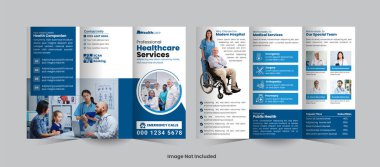 Hastane ve klinik üç katlı broşür tasarımı temiz, profesyonel ve hastalara ve kamu hizmetlerine sunulan tıbbi hizmetleri, tedavileri veya sağlık hizmetlerini desteklemek için ideal