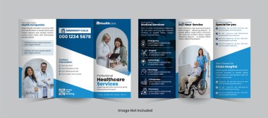 Hastane ve klinik üç katlı broşür tasarımı temiz, profesyonel ve hastalara ve kamu hizmetlerine sunulan tıbbi hizmetleri, tedavileri veya sağlık hizmetlerini desteklemek için ideal