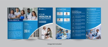 Hastane ve klinik üç katlı broşür tasarımı temiz, profesyonel ve hastalara ve kamu hizmetlerine sunulan tıbbi hizmetleri, tedavileri veya sağlık hizmetlerini desteklemek için ideal