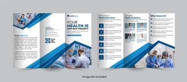 Hastane ve klinik üç katlı broşür tasarımı temiz, profesyonel ve hastalara ve kamu hizmetlerine sunulan tıbbi hizmetleri, tedavileri veya sağlık hizmetlerini desteklemek için ideal