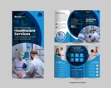 Hastane ve klinik üç katlı broşür tasarımı temiz, profesyonel ve hastalara ve kamu hizmetlerine sunulan tıbbi hizmetleri, tedavileri veya sağlık hizmetlerini desteklemek için ideal