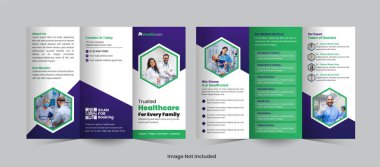 Sağlık hizmetlerinin tanıtımı için gösterişli ve zarif üç katlı broşür, hastaneler ve klinikler için özel hizmetlerini, uzmanlıklarını ve hasta bakımını görsel olarak çekici bir şekilde sergilemek için tasarlandı.