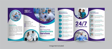 Sağlık hizmetlerinin tanıtımı için gösterişli ve zarif üç katlı broşür, hastaneler ve klinikler için özel hizmetlerini, uzmanlıklarını ve hasta bakımını görsel olarak çekici bir şekilde sergilemek için tasarlandı.