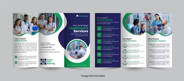 Sağlık hizmetlerinin tanıtımı için gösterişli ve zarif üç katlı broşür, hastaneler ve klinikler için özel hizmetlerini, uzmanlıklarını ve hasta bakımını görsel olarak çekici bir şekilde sergilemek için tasarlandı.