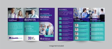 Sağlık hizmetlerinin tanıtımı için gösterişli ve zarif üç katlı broşür, hastaneler ve klinikler için özel hizmetlerini, uzmanlıklarını ve hasta bakımını görsel olarak çekici bir şekilde sergilemek için tasarlandı.