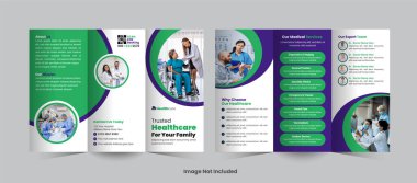 Sağlık hizmetlerinin tanıtımı için gösterişli ve zarif üç katlı broşür, hastaneler ve klinikler için özel hizmetlerini, uzmanlıklarını ve hasta bakımını görsel olarak çekici bir şekilde sergilemek için tasarlandı.