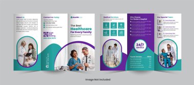 Sağlık hizmetlerinin tanıtımı için gösterişli ve zarif üç katlı broşür, hastaneler ve klinikler için özel hizmetlerini, uzmanlıklarını ve hasta bakımını görsel olarak çekici bir şekilde sergilemek için tasarlandı.