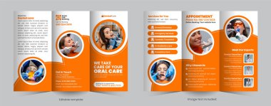 Dental clinic Business Trifold Brochure Design for Hospitals, Clinics, or Healthcare Services. Modern Trifold brochure for teeth treatment, checkup, and oral care promotion Template