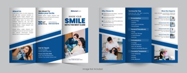 Dental clinic Business Trifold Brochure Design for Hospitals, Clinics, or Healthcare Services. Modern Trifold brochure for teeth treatment, checkup, and oral care promotion Template