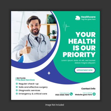 Medikal Sağlık Hizmetleri Sosyal Medya Postaları, Square Web Banner Şablonu, Facebook, Instagram ve Çevrimiçi Sağlık Klinikleri ve Tıp Merkezleri için Pazarlama