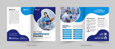 Modern Sağlık Servisi Broşür Tasarımı, Klinik ve Hastane Pazarlama Şablonu İç Sayfa Düzeni, Kapak ve Arka Tasarım