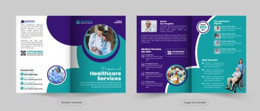 Tıbbi ve sağlık servisi çift katlı broşür tasarımı ya da hastane kliniği tanıtımı 2 katlı broşür, kapağı, arkası ve iç sayfaları olan çok amaçlı şablon