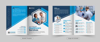 Çok amaçlı tıbbi servis çift katlı broşür tasarımı veya sağlık kliniği ve hastane tanıtım şablonu, ön, arka ve iç tasarım