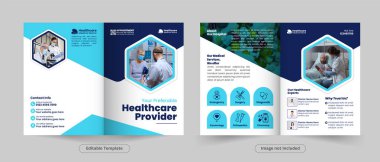 Çok amaçlı tıbbi servis çift katlı broşür tasarımı veya sağlık kliniği ve hastane tanıtım şablonu, ön, arka ve iç tasarım