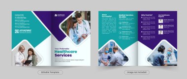 Çok amaçlı tıbbi servis çift katlı broşür tasarımı veya sağlık kliniği ve hastane tanıtım şablonu, ön, arka ve iç tasarım