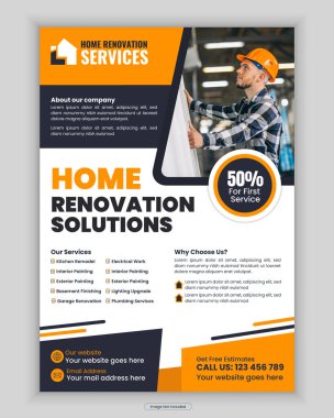 Ev yenileme ve bakım hizmetleri broşürü ve döşeme, çatı, boya, elektrikçi ve onarım reklamları için poster tasarımı şablonu.