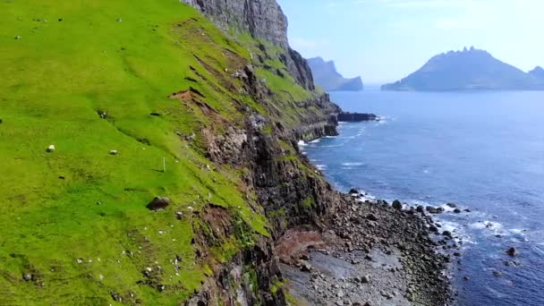 Faroe Islands Mulafossur Waterfall Gasadalur Aerial Video High Quality Footage — Video Stock