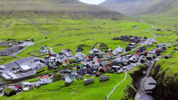 Aerial View Gjogv Village Faroe Islands Sunny Day Summer Amazing — Video