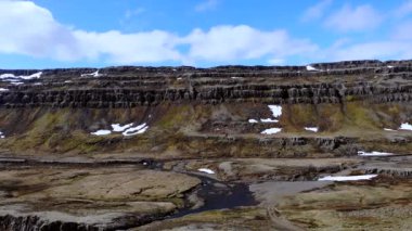 Iceland Berufjordur Waterfall at oxi road eastern of Iceland, a birds-eye view. High quality 4k footage