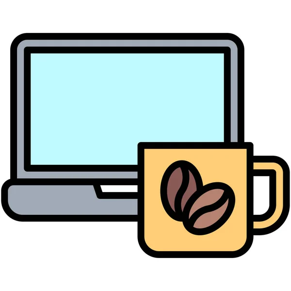 Tazza Caffè Con Icona Del Computer Portatile Illustrazione Vettoriale Relativa — Vettoriale Stock