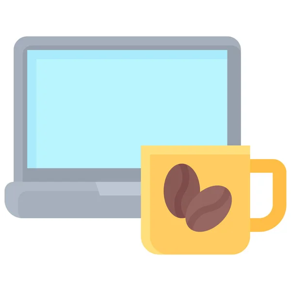 ノートパソコンのアイコンとコーヒーカップ コーヒーショップ関連のベクトルイラスト — ストックベクタ