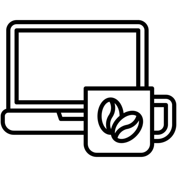 Tazza Caffè Con Icona Del Computer Portatile Illustrazione Vettoriale Relativa — Vettoriale Stock