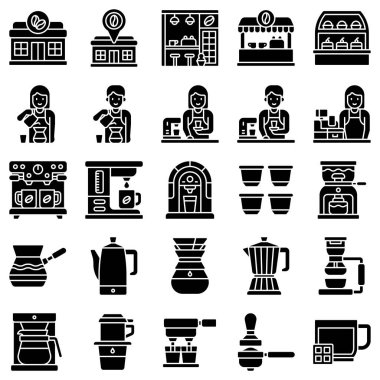 Kahve dükkanı katı simge kümesi 1, vektör illüstrasyonu